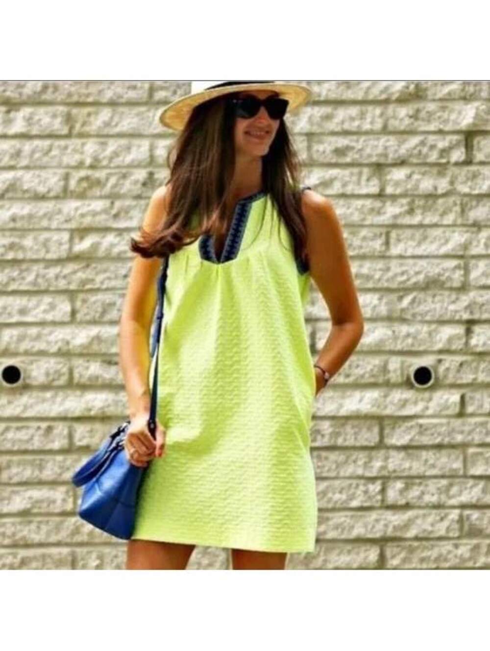 J.Crew Neon Yellow Arrow Print Split Neck Shift Dress Size 6